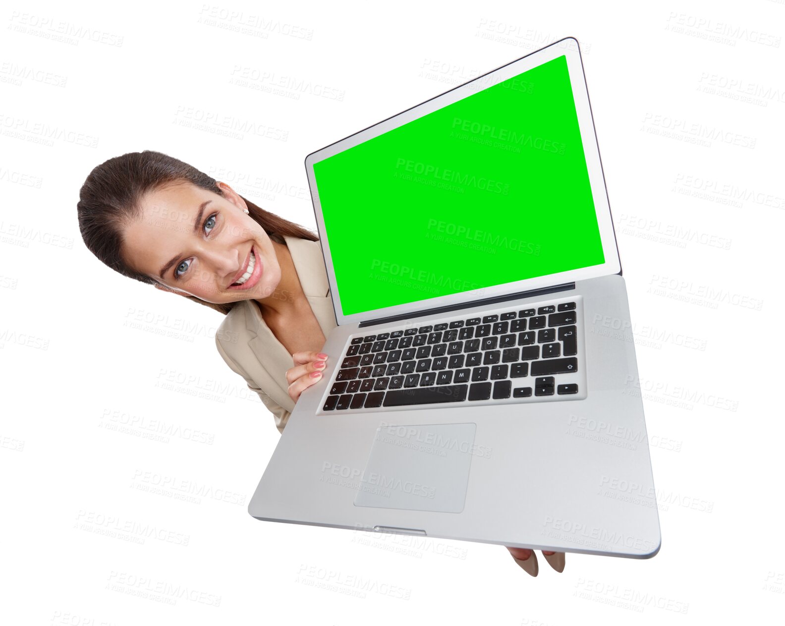 Buy stock photo Portrait of woman with laptop, green screen and isolated on transparent png background with high angle website info mockup. Internet, online promotion and happy model with computer, smile and space.