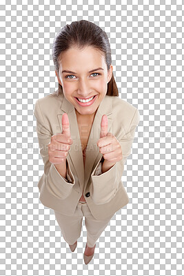 Buy stock photo Portrait, thumbs up and business woman with smile isolated on a transparent png background. Face, like hand sign and professional with emoji for support, agreement and excellence, review and feedback