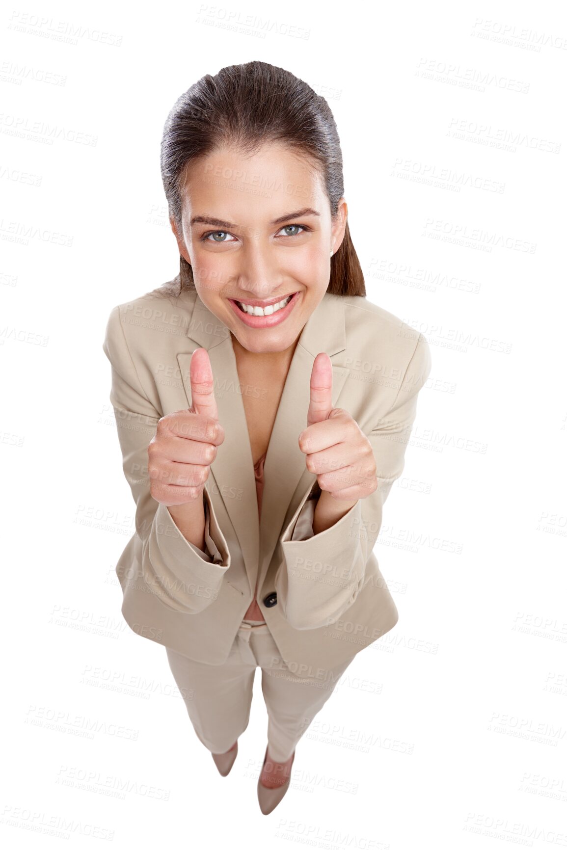 Buy stock photo Portrait, thumbs up and business woman with smile isolated on a transparent png background. Face, like hand sign and professional with emoji for support, agreement and excellence, review and feedback