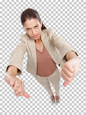 Buy stock photo Portrait, thumbs down and woman angry for business isolated on a transparent png background high angle. Face, dislike hand sign and person with emoji for wrong, fail and negative review or feedback