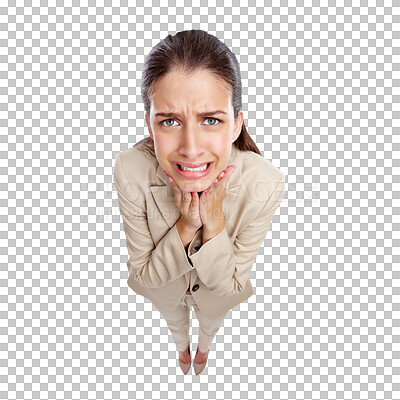 Buy stock photo Stress, anxiety and portrait of business woman on png for news, announcement and surprise. Scared, notification and frustrated with employee isolated on transparent background for fear from above