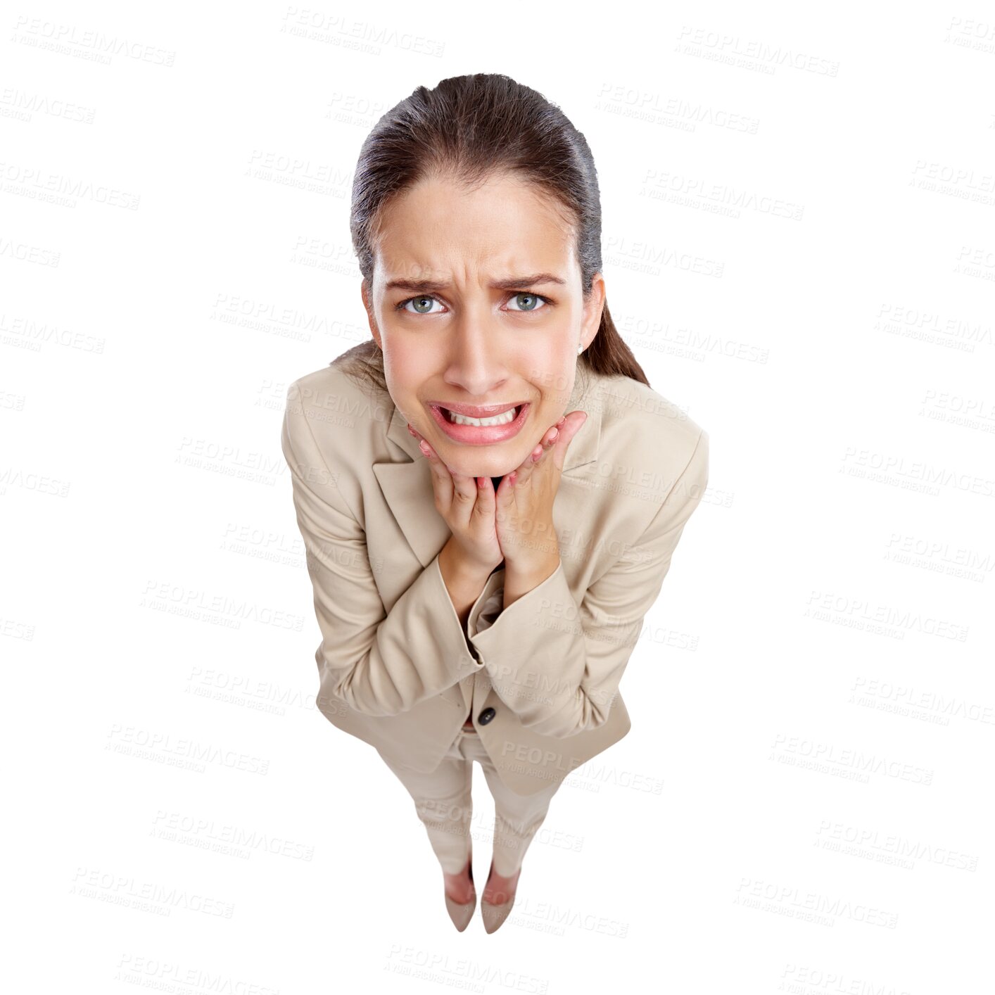 Buy stock photo Stress, anxiety and portrait of business woman on png for news, announcement and surprise. Scared, notification and frustrated with employee isolated on transparent background for fear from above