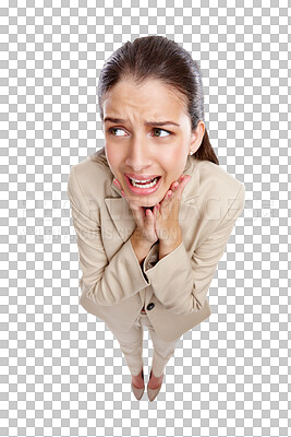 Buy stock photo Stress, fear and anxiety with business woman on png for news, announcement and surprise. Scared, notification and frustrated with female employee isolated on transparent background for problem