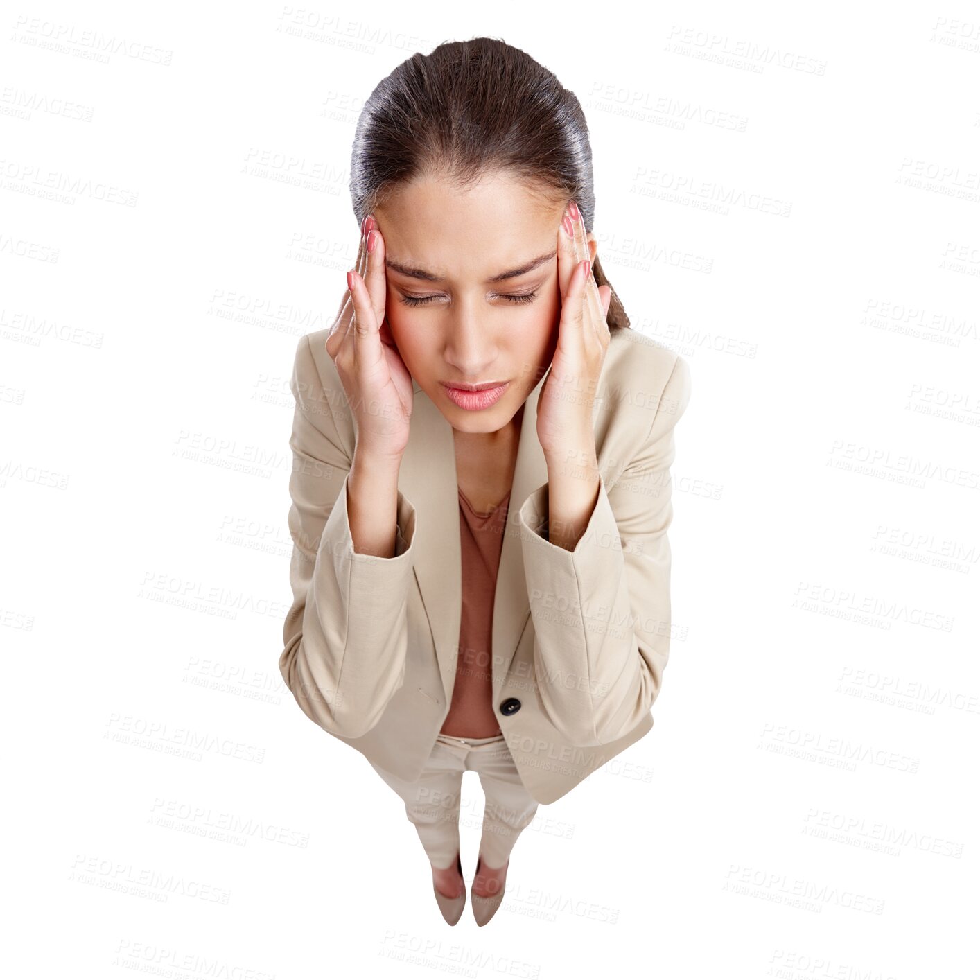 Buy stock photo Top view business woman, headache and stress with temple massage isolated by transparent png background. Frustrated entrepreneur, pain and fatigue with thinking, migraine and eyes closed in suit