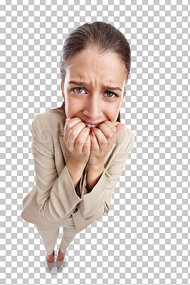 Buy stock photo Isolated business woman, biting nails and portrait in top view for stress, worry or fear by transparent png background. Entrepreneur, manager and fingers in mouth for anxiety, scared or mental health