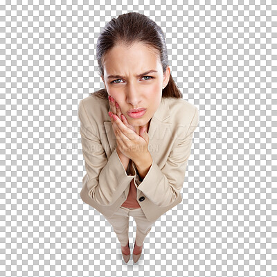 Buy stock photo Isolated business woman, toothache and portrait in top view, stress and health problem by transparent png background. Entrepreneur, dental injury or emergency with mouth, gum disease or pain in teeth