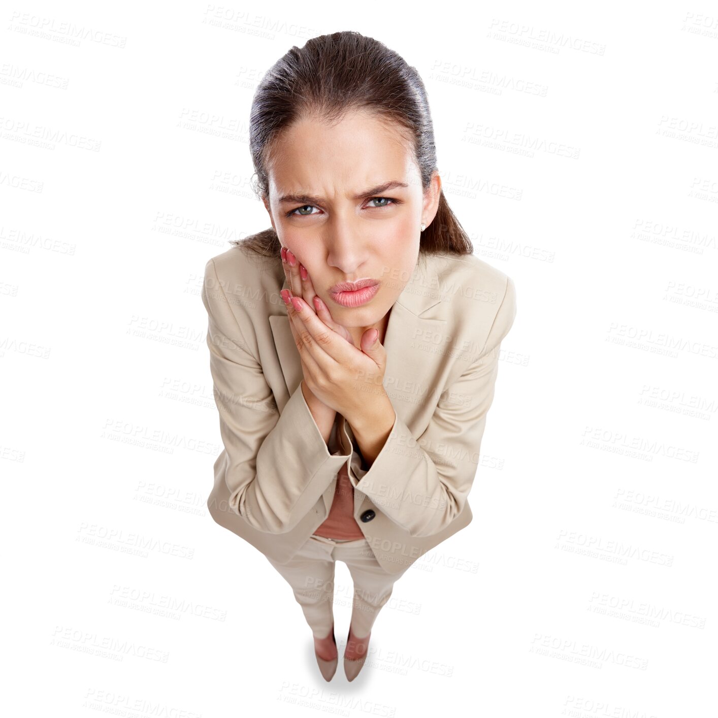 Buy stock photo Isolated business woman, toothache and portrait in top view, stress and health problem by transparent png background. Entrepreneur, dental injury or emergency with mouth, gum disease or pain in teeth