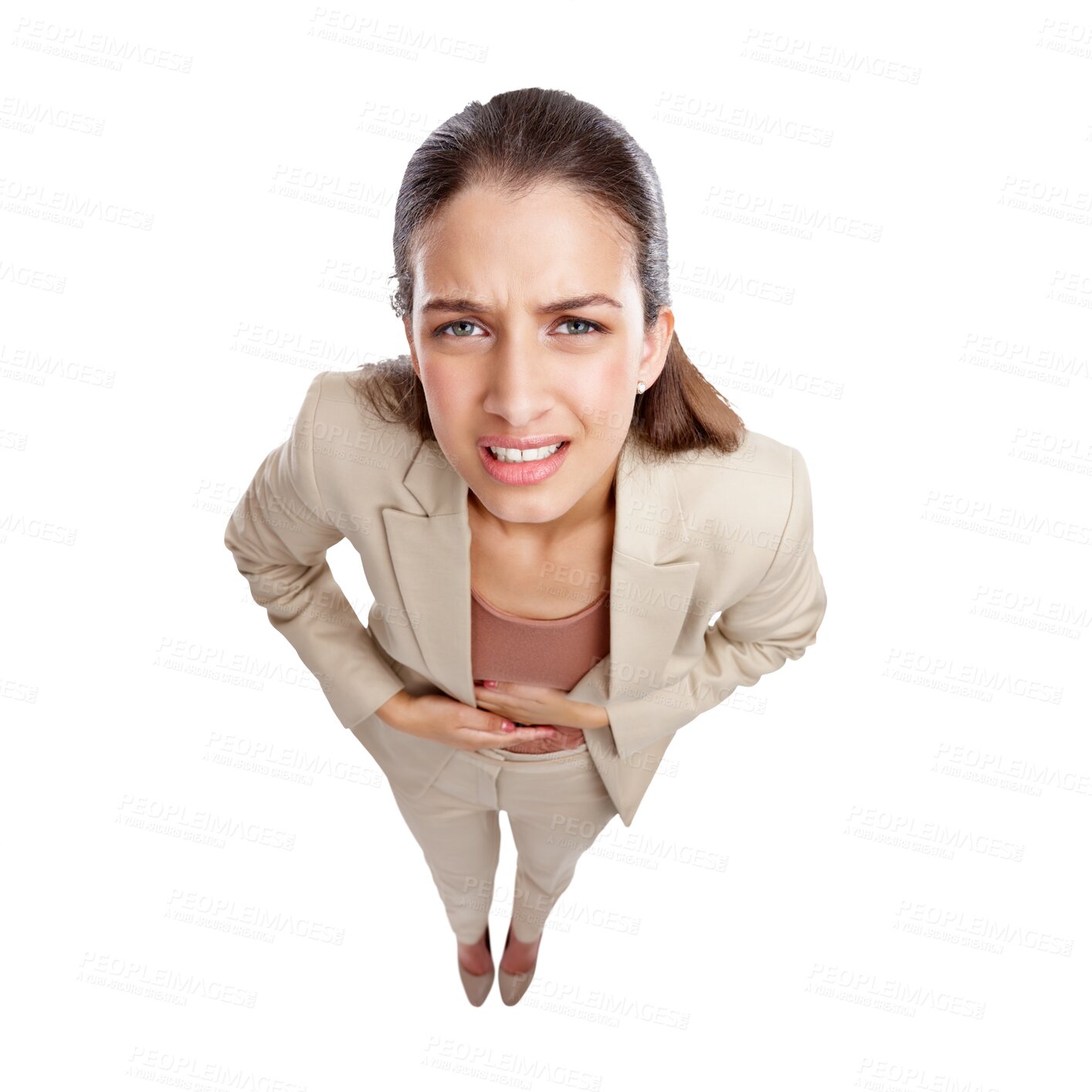 Buy stock photo Stomach ache, pain and above woman with cramps, endometriosis or virus on transparent, isolated or png background. Frustrated, face or person with gut health, digestion problem or ulcer from stress