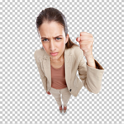 Buy stock photo Angry, woman and portrait with conflict in top view, fight or argument on transparent, isolated or png background. Frustrated, person with fist and mad about work mistake, fail or annoyed with hr