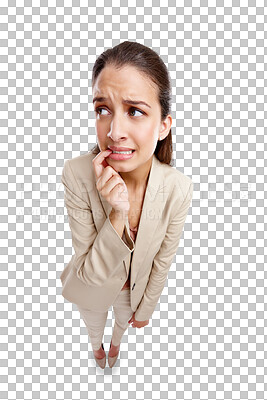 Buy stock photo Anxiety, stress and business woman with fear on transparent, isolated or png background with an afraid employee. Scared, face and girl with panic, terror or worried expression from crisis in work