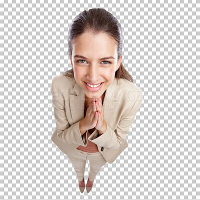 Buy stock photo Praying, portrait and business woman faith for career, job or opportunity, asking god for help and support. Corporate person in prayer sign, emoji and hope above isolated transparent png background