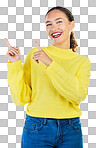 Student, portrait and woman pointing to presentation, news or announcement for college opportunity. Show, information and happy person or model for university or education on studio white background