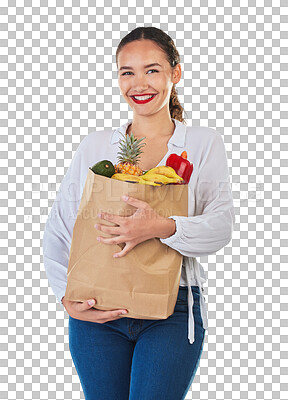 Buy stock photo Woman, paper bag and healthy food, groceries and shopping, fruit and vegetables isolated on png transparent background. Portrait, health and wellness, female customer with discount and nutrition 