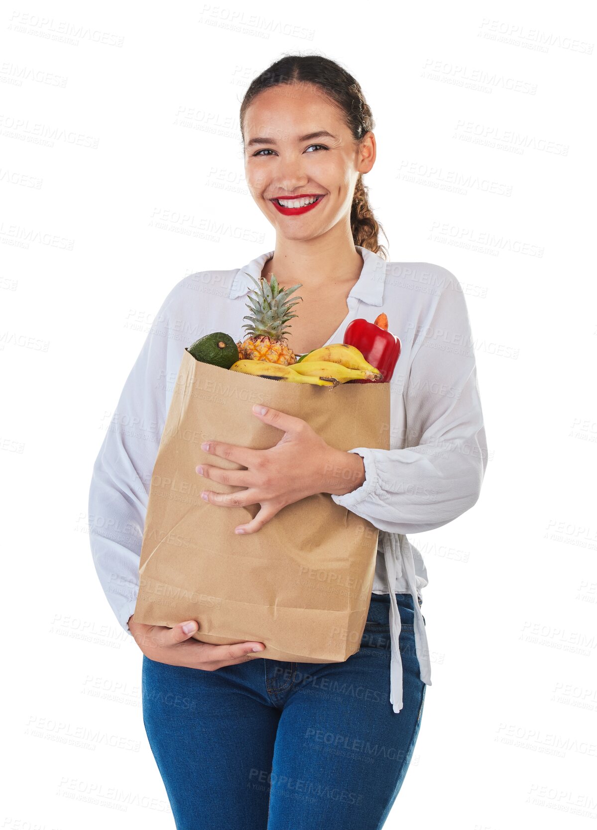 Buy stock photo Woman, paper bag and healthy food, groceries and shopping, fruit and vegetables isolated on png transparent background. Portrait, health and wellness, female customer with discount and nutrition 