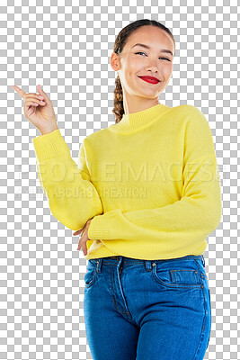 Buy stock photo Pointing, presentation and portrait of happy woman isolated on transparent png background. Announcement, promotion choice and deal information, girl with smile showing opportunity offer or direction.