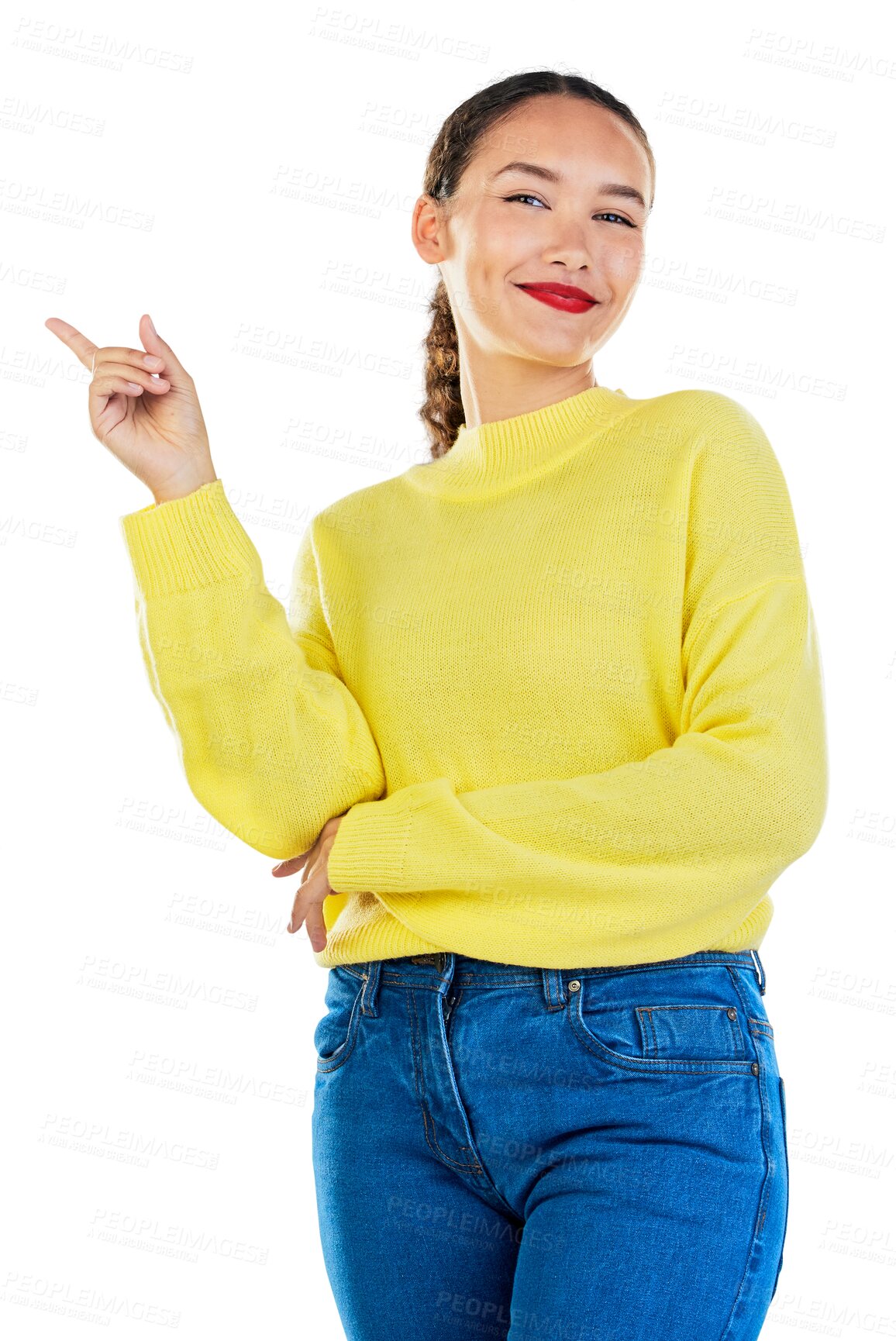 Buy stock photo Pointing, presentation and portrait of happy woman isolated on transparent png background. Announcement, promotion choice and deal information, girl with smile showing opportunity offer or direction.