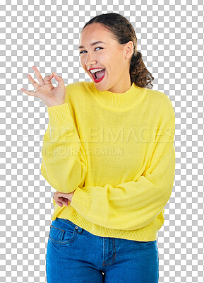 Buy stock photo Okay, excited portrait and woman with a hand sign for vote or review. Happy female model show ok emoji for success, agreement or perfect and yes announcement isolated on transparent, png background