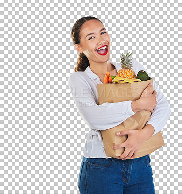 Excited, portrait and woman grocery shopping for fruit on mockup space in studio isolated on a white background. Bag, food or customer with vegetables for nutrition, healthy diet and supermarket deal