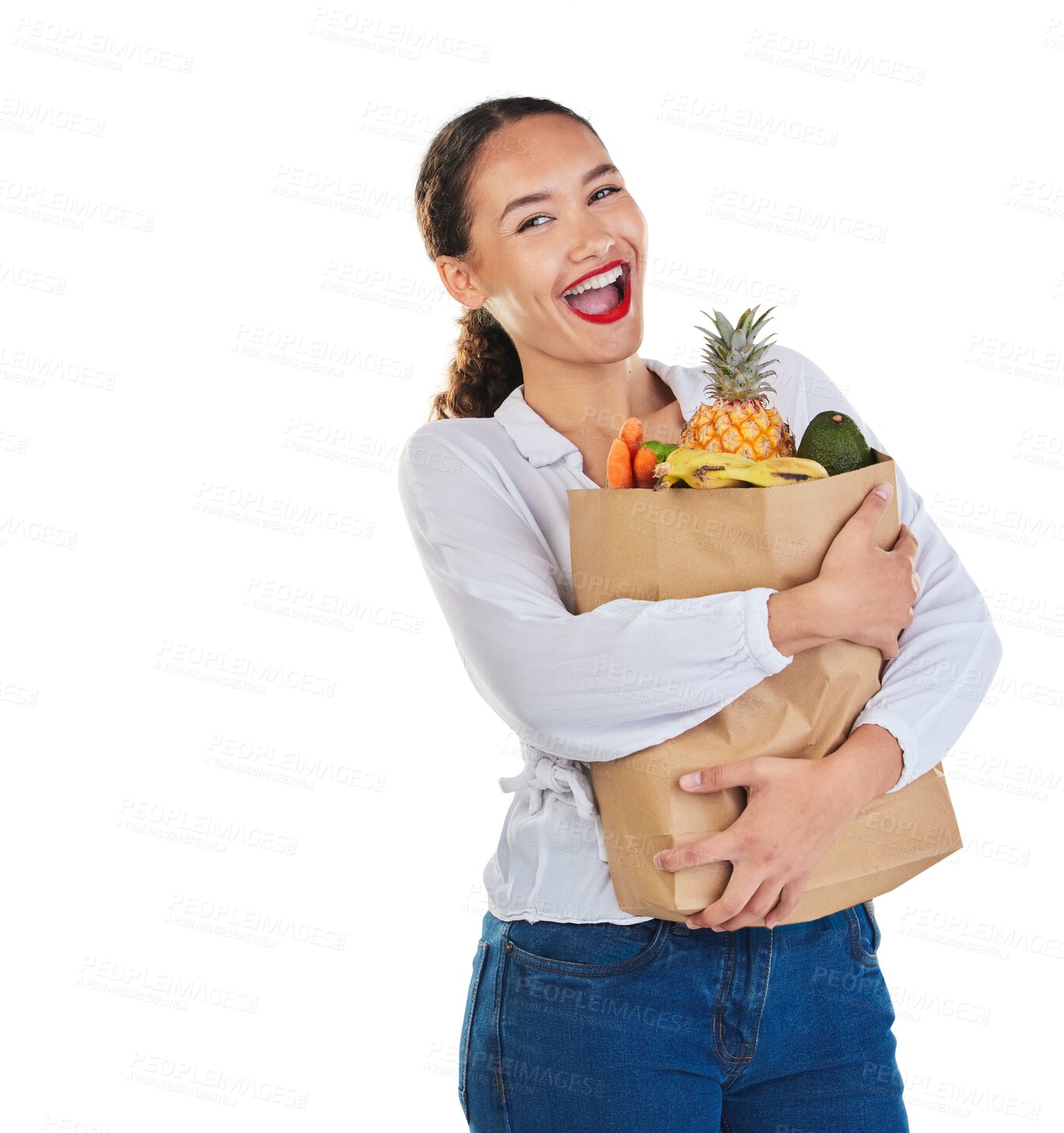 Buy stock photo Woman is excited, bag and healthy food, grocery shopping with fruit and vegetable isolated on png transparent background. Portrait, health and wellness, female customer with discount and nutrition 