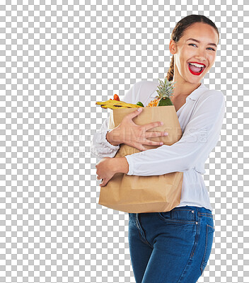 Excited, portrait and woman grocery shopping for fruits on mockup space in studio isolated on white background. Sustainable bag, food and customer with vegetables for healthy nutrition in supermarket