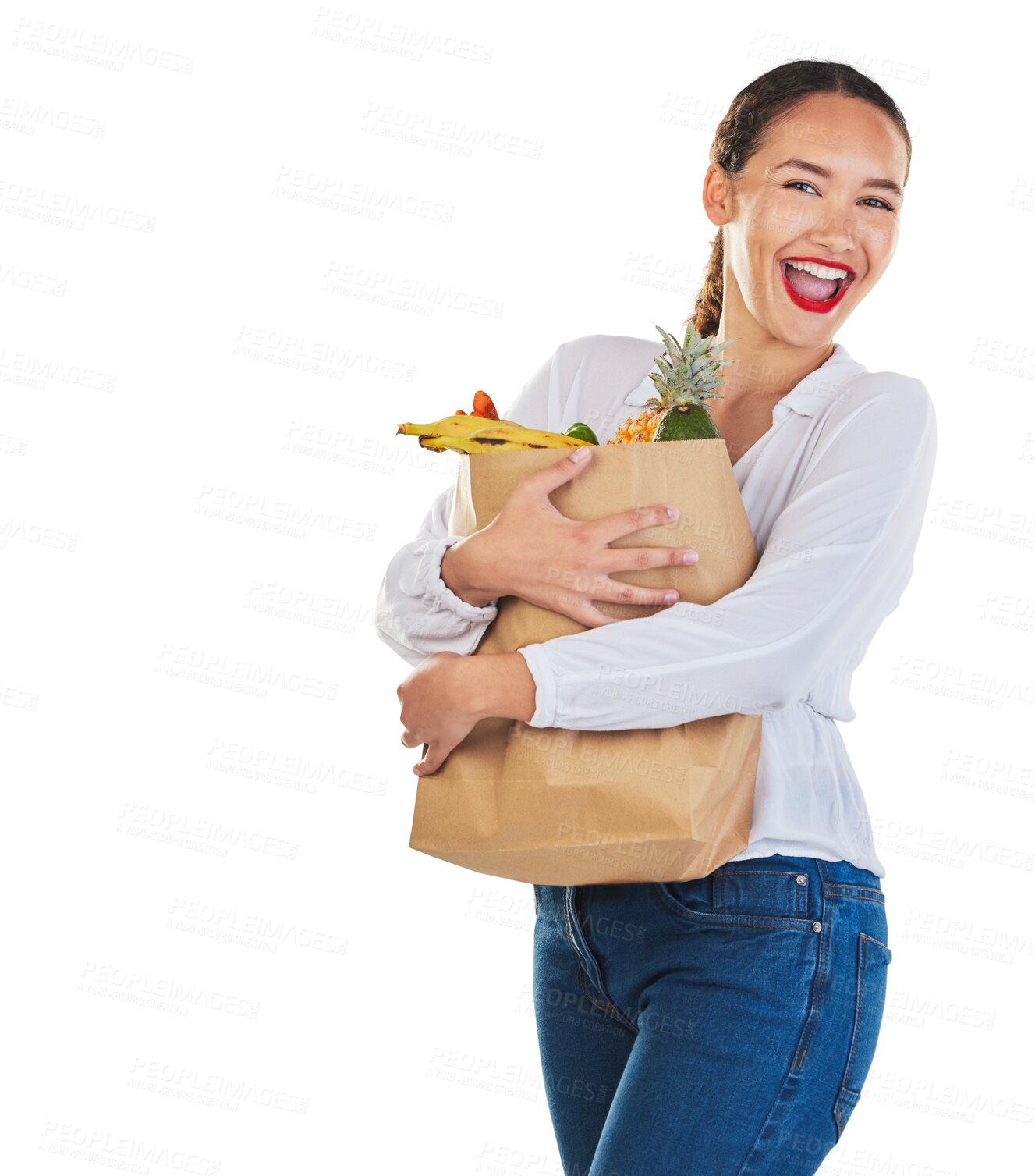 Buy stock photo Woman, happy with paper bag and healthy food, grocery and shopping, fruit and vegetables. Portrait, health and wellness, female customer with sale and nutrition isolated on png transparent background