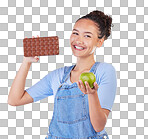 Apple, chocolate and woman for healthy food choice or offer isolated on studio, blue background for food, sugar and diet. Dessert, green fruit and happy young person for detox or lose weight decision