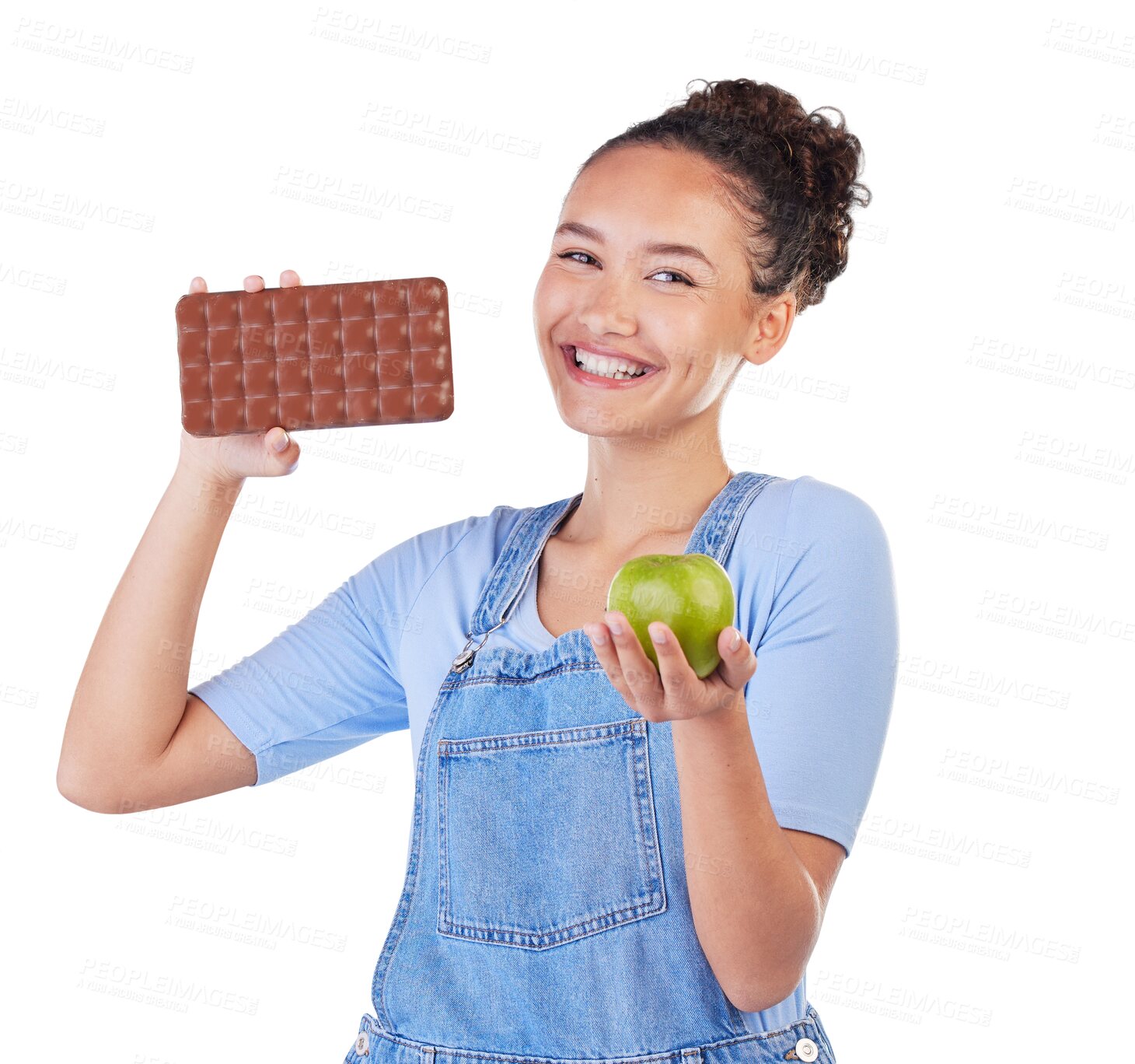 Buy stock photo Apple, chocolate and portrait of woman isolated on transparent png background with healthy food choice. Candy, fruit and happy girl on diet for detox, health and wellness with decision to lose weight