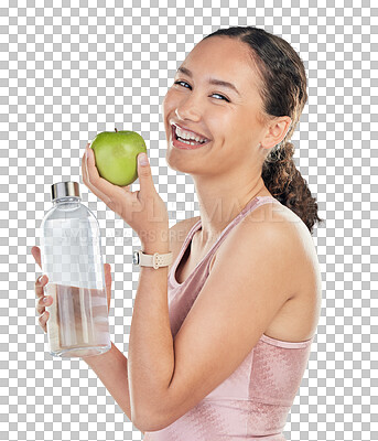 Buy stock photo Happy woman, apple and water with portrait and fitness, health and hydration isolated on png transparent background. Female person, fruit and mineral drink in bottle with wellness, nutrition and diet