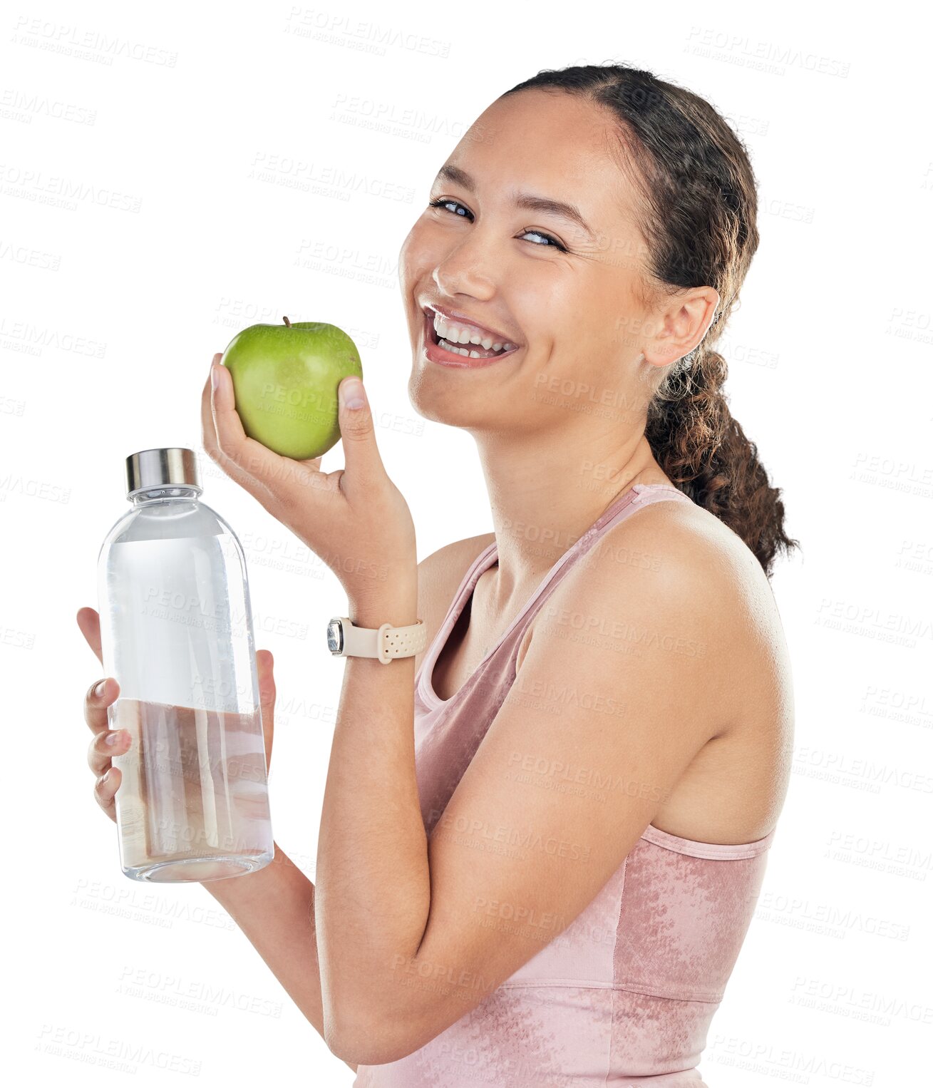 Buy stock photo Happy woman, apple and water with portrait and fitness, health and hydration isolated on png transparent background. Female person, fruit and mineral drink in bottle with wellness, nutrition and diet