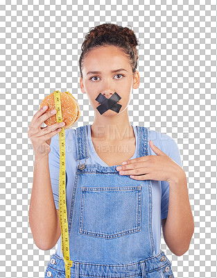 Burger, diet and woman tape mouth for fast food and weight loss gives bad, disgust and frustrated review for protection. Disaster, mistake and person disappointed isolated in a studio blue background