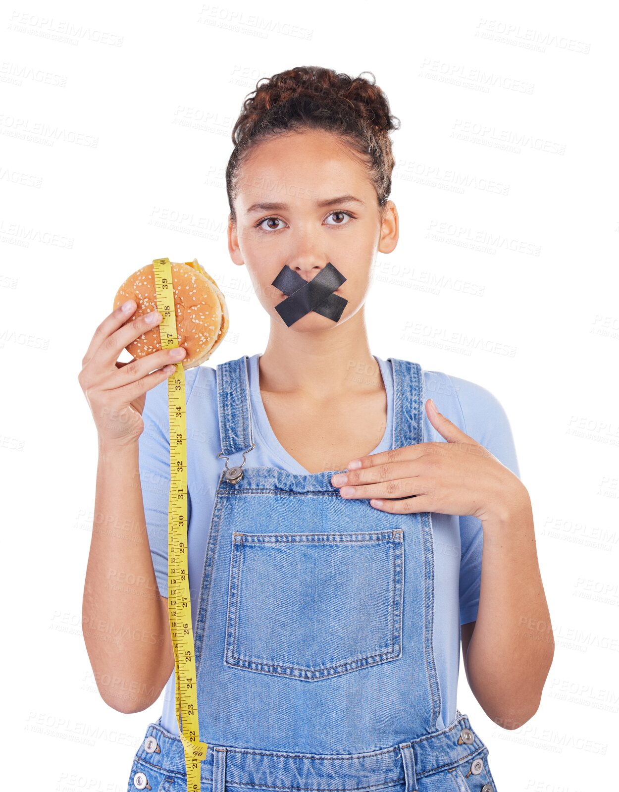 Buy stock photo Diet, burger and woman tape mouth for fast food, weight loss and model isolated on a transparent background. Disaster, mistake and person disappointed, restrictions and png with disgust or frustrated