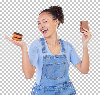 Food, diet and happy woman with sweets in studio, chocolate and donut for eating plan on blue background. Health, nutrition and choice to lose weight, girl with smile and freedom for sugar or dessert