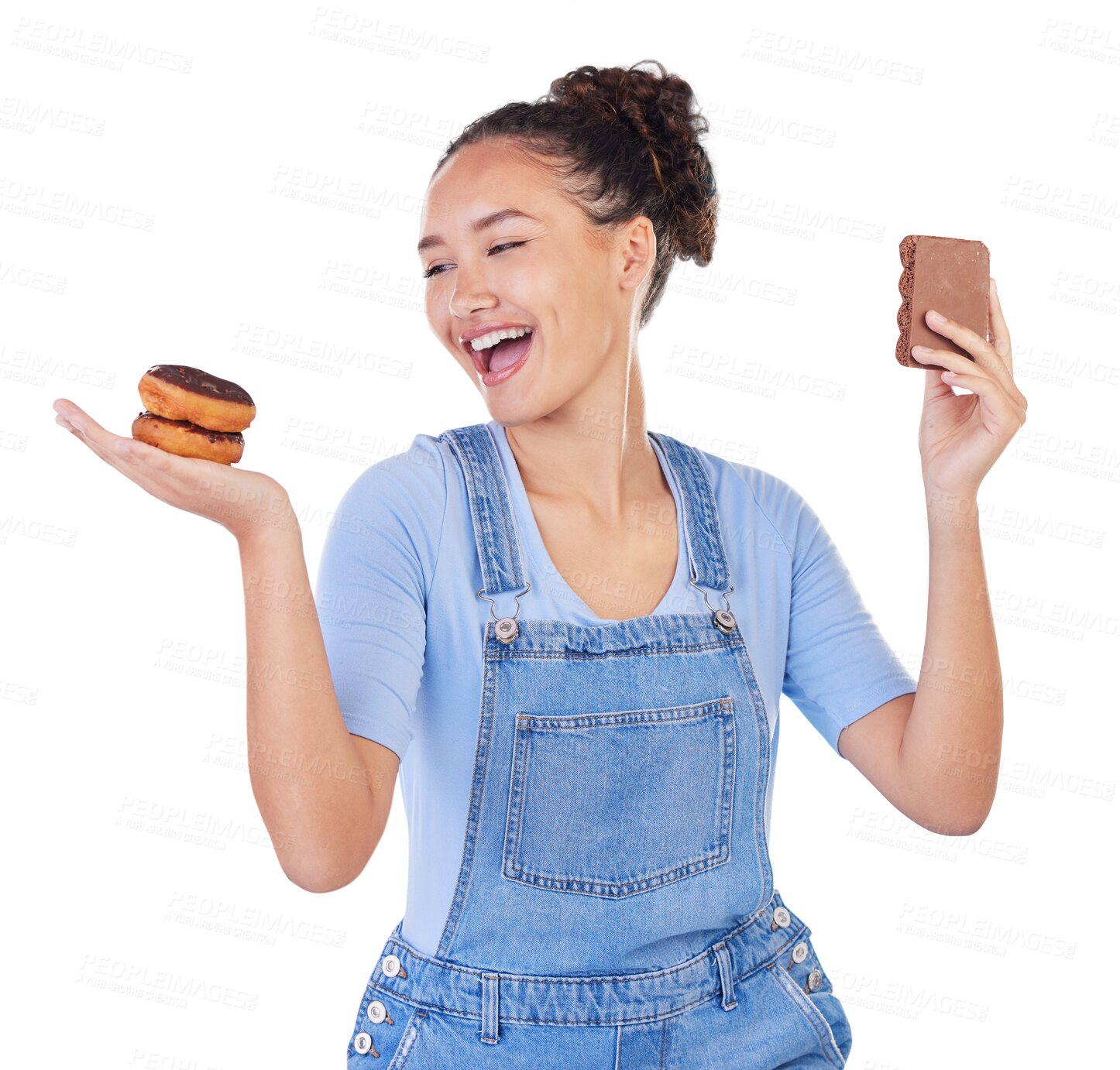 Buy stock photo Chocolate, donut and excited woman with sweets isolated on a transparent png background, Food, dessert and person with doughnut, candy and choice for diet, eating and hungry for sugar confectionery