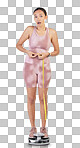 Fitness, tape and surprise with woman on scale in studio for weight loss, achievement and workout. Health, goal and exercise with person measuring body on white background for diet, training or shock