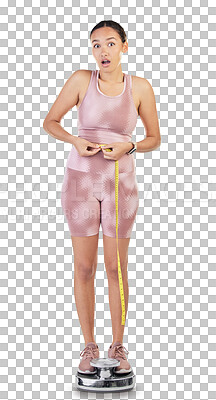 Buy stock photo Exercise, tape and surprise with woman on scale, wellness or weight loss isolated on a transparent background. Health, female person or model with body goals, fitness or png with shock or achievement