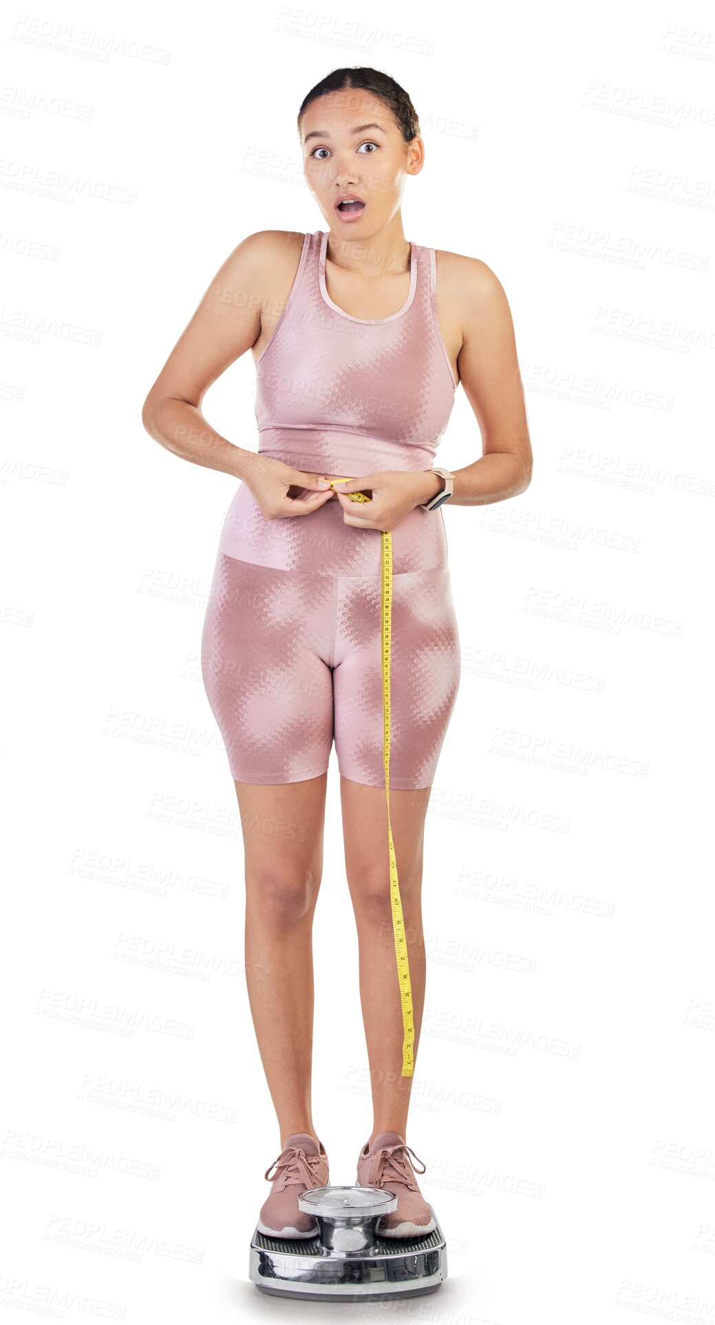 Buy stock photo Exercise, tape and surprise with woman on scale, wellness or weight loss isolated on a transparent background. Health, female person or model with body goals, fitness or png with shock or achievement