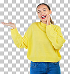 Space, smile and presentation with portrait of woman in studio for show, advertising and idea. Announcement, promotion and deal with person on grey background for opportunity, offer and news