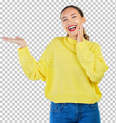 Buy stock photo Pointing, presentation and portrait of excited woman isolated on transparent png background. Announcement, promotion news and deal information, happy girl showing opportunity offer and choice review.