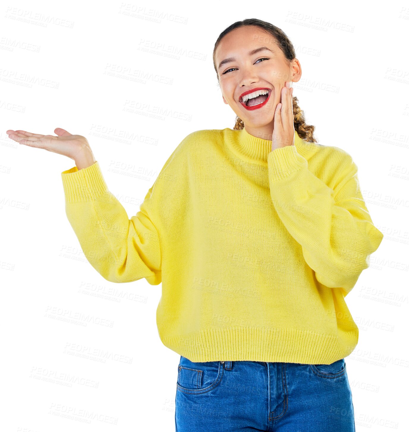 Buy stock photo Pointing, presentation and portrait of excited woman isolated on transparent png background. Announcement, promotion news and deal information, happy girl showing opportunity offer and choice review.