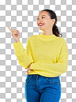 Space, smile and presentation with woman and pointing in studio for show, advertising and idea. Announcement, promotion and deal with person on grey background for opportunity, offer and news mockup