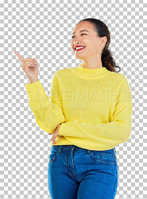 Buy stock photo Pointing, presentation and young happy woman isolated on transparent png background for announcement. News, promotion and deal information, gen z girl with smile showing opportunity offer or choice.