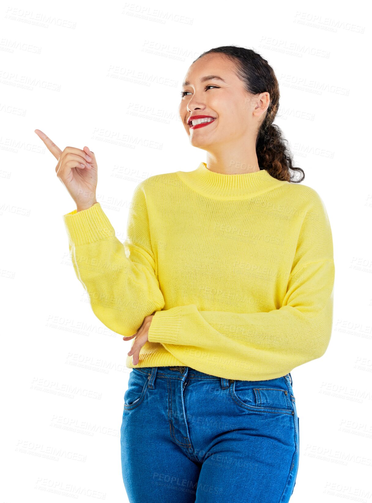 Buy stock photo Pointing, presentation and young happy woman isolated on transparent png background for announcement. News, promotion and deal information, gen z girl with smile showing opportunity offer or choice.