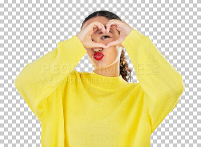 Buy stock photo Heart hands, portrait and woman with a sign for love or support. Happy female model show eye or emoji for motivation, charity or care and kindness or peace isolated on transparent, png background