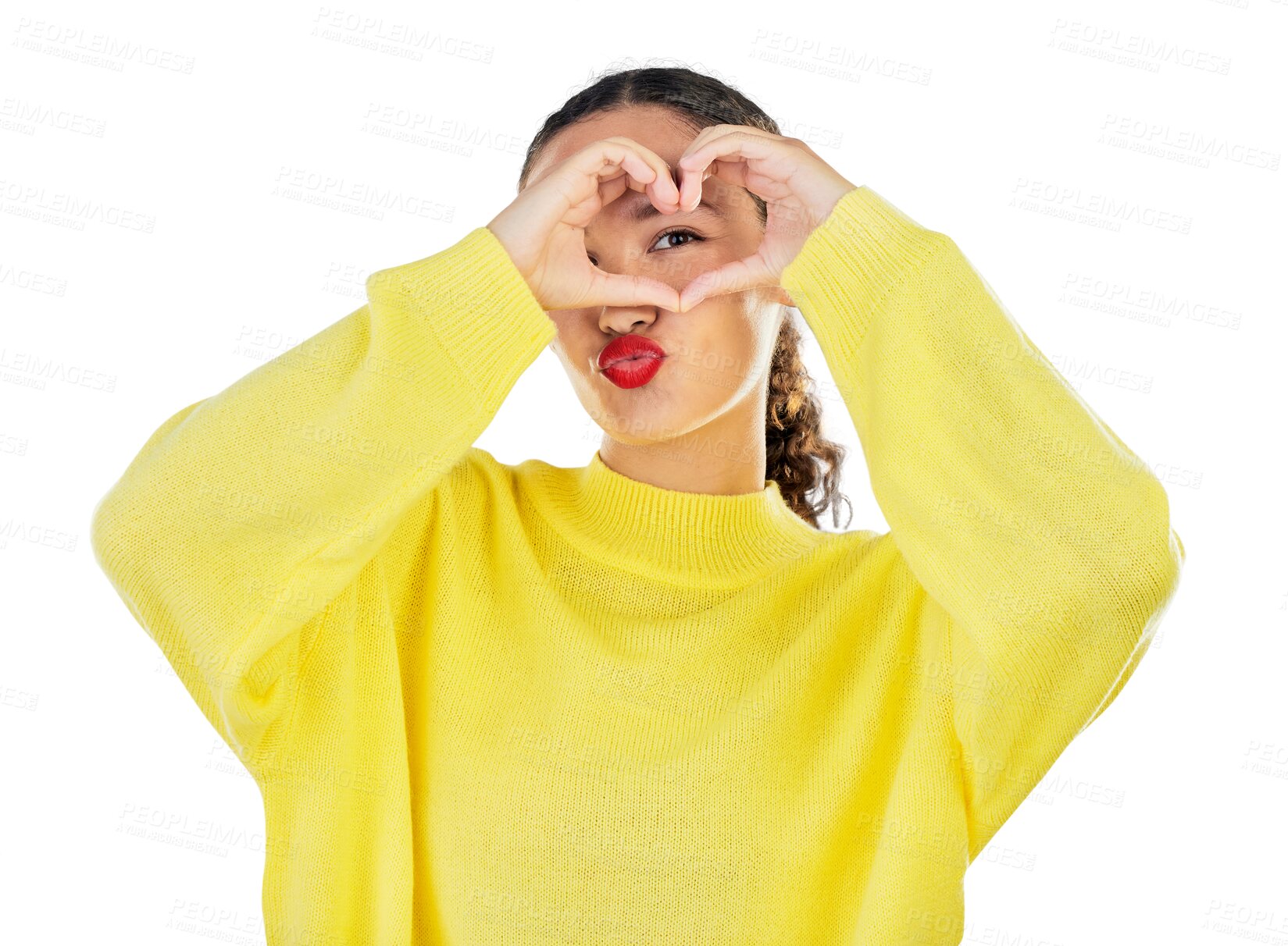 Buy stock photo Heart hands, portrait and woman with a sign for love or support. Happy female model show eye or emoji for motivation, charity or care and kindness or peace isolated on transparent, png background