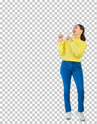 Buy stock photo Pointing, presentation and mockup, happy woman isolated on transparent png background. Announcement, promotion choice and deal information, girl with smile showing opportunity offer or news space.