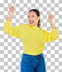 Pointing, promotion and presentation with portrait of woman in studio for show, advertising and idea. Announcement, space and deal with person on grey background for opportunity, offer or news mockup