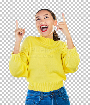 Buy stock photo Pointing, presentation and happiness, woman isolated on transparent png background with news. Announcement, promotion choice and deal information, girl with smile showing opportunity offer or promo.