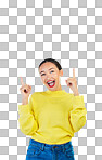 Pointing, happy and presentation with portrait of woman in studio for show, advertising and idea. Announcement, promotion and deal with person on grey background for opportunity, offer or news mockup