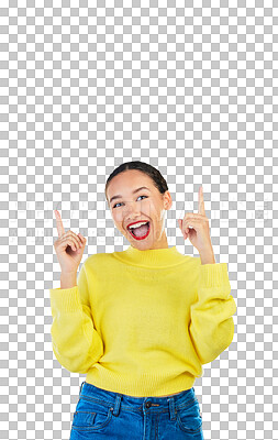 Buy stock photo Portrait, happy and excited with a pointing woman isolated on a transparent background for fashion advertising. Wow, presentation or information with a model on PNG for marketing a sales deal