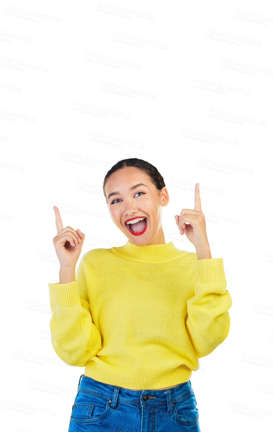 Buy stock photo Portrait, happy and excited with a pointing woman isolated on a transparent background for fashion advertising. Wow, presentation or information with a model on PNG for marketing a sales deal